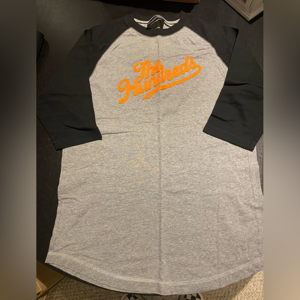 Mitchell & Ness Gray Tee with Black Sleeves and Orange Logo